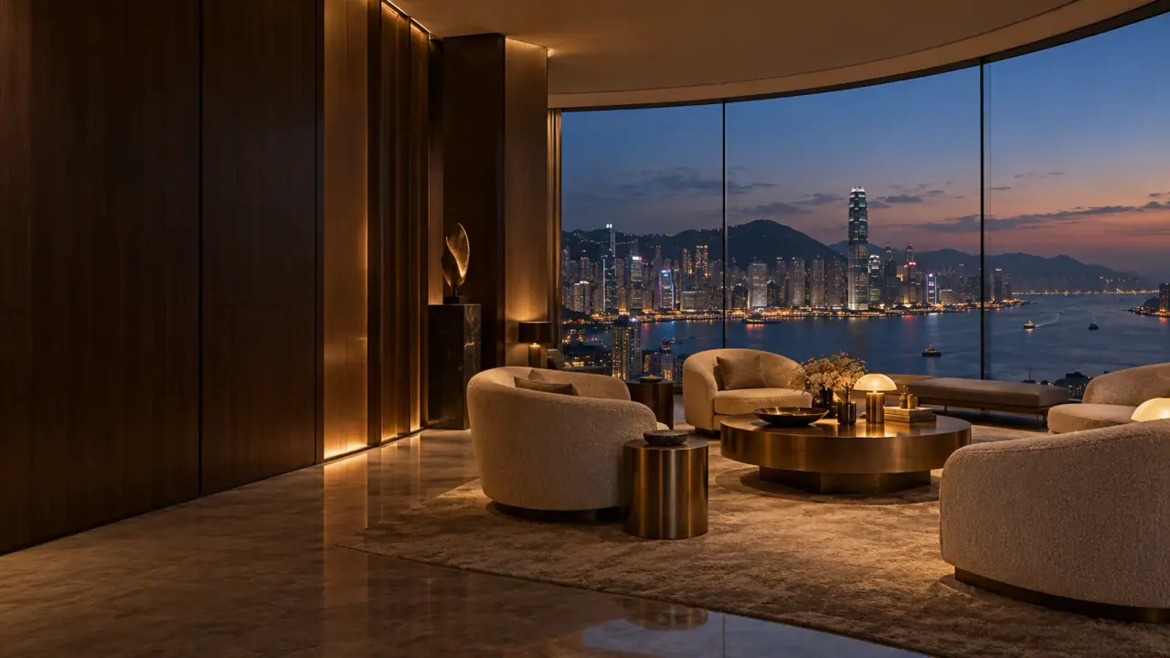 A private lounge overlooking the harbour at dusk, with warm lighting and open city views